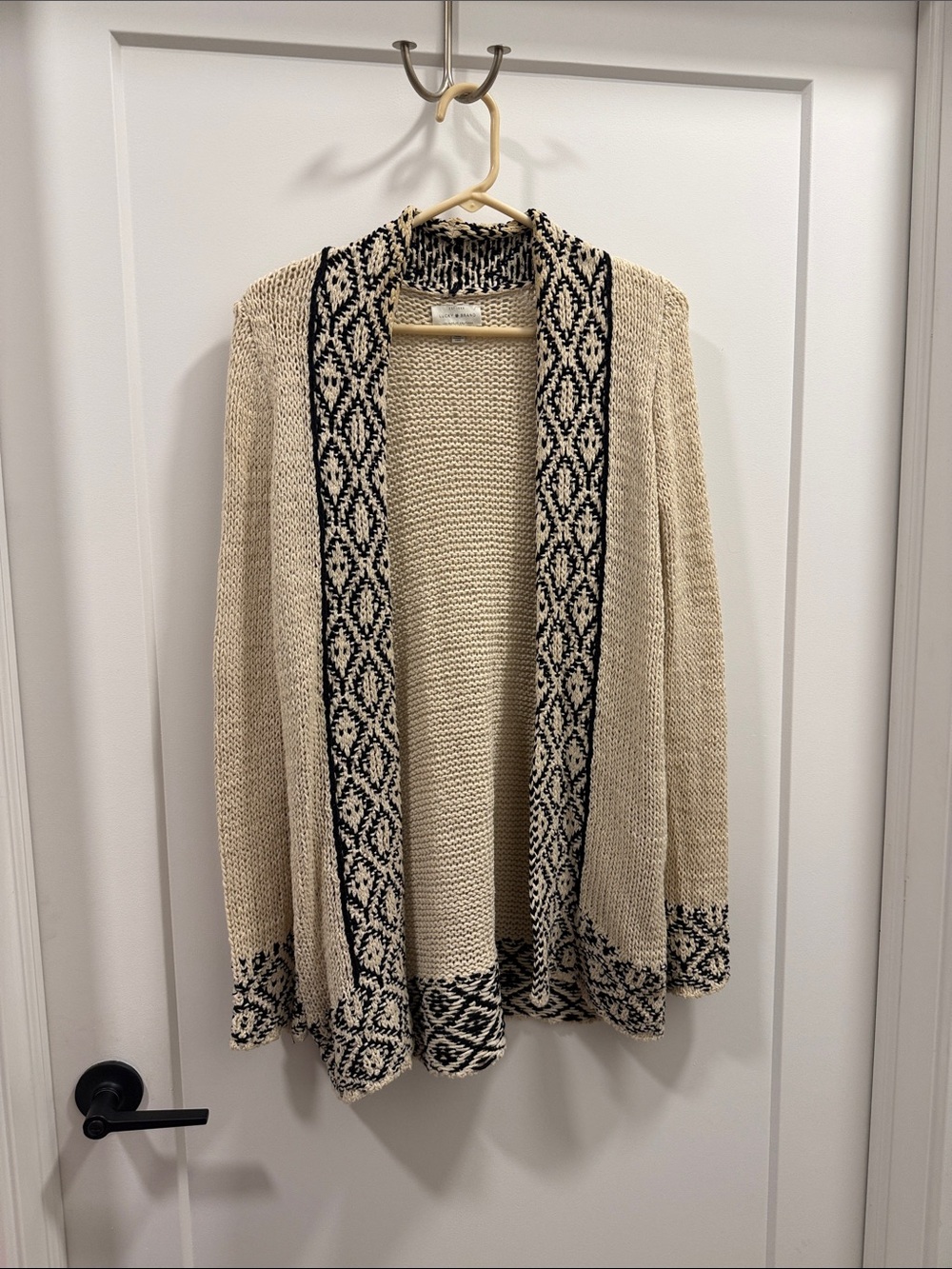 Lucky Brand Cream Knit Cardigan with Black Geometric Trim